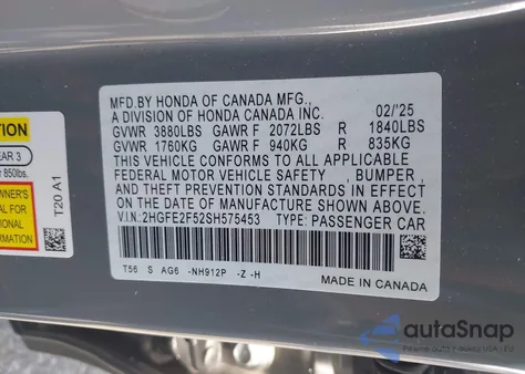 2025 Honda Civic Sport из США, поврежденный, VIN 2HGFE2F52SH575453